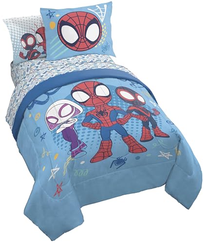 Image of Marvel Spidey and Friends Twin Comforter Set 5 Piece Kids Bedding, Blue | Ghost-Spider, Bed in a Bag, Comforter Sheets Sham Pillowcase, Official Product, Soft Microfiber, Machine Washable, Kids Gift