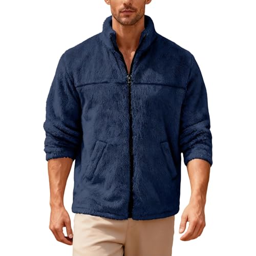 Modeewel Chaqueta de invierno para hombre, chaqueta de forro polar, chaqueta de felpa con cremallera completa, chaqueta térmica, corte regular, cuello alto, chaqueta de sherpa, chaqueta de peluche