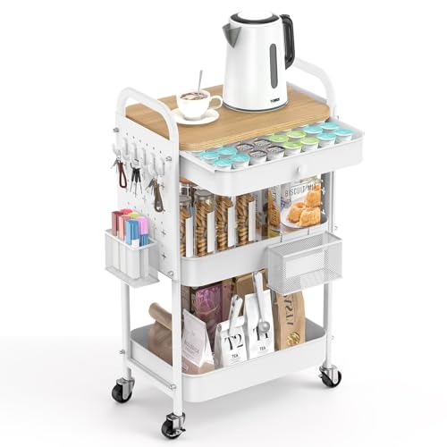 Image of ALVOROG Rolling Cart with Drawer and Wood Table Top, 3 Tier Metal Rolling Utility Cart on Wheels with DIY Pegboards, Hanging Baskets, Hooks for Kitchen, Bedroom, Office, Craft Supplies