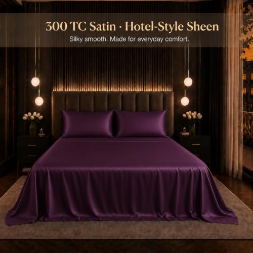 Image of Cloth Fusion Flat Satin Bedsheet Super King Size 108x108 inch | Wine, 2 Pillow Covers, 300 TC, Glossy Finish, Smooth on Hair and Skin, Gift for Couples, Wedding & Anniversary