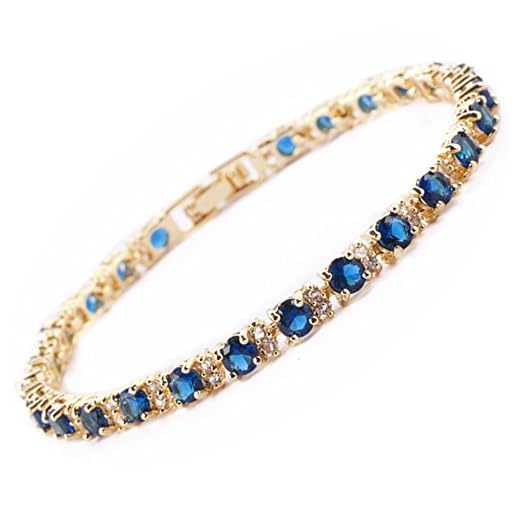 RIZILIA Eternity Tennis Bracelet & Round Cut CZ Simulated Blue Sapphire in Yellow Gold Plated, 7"