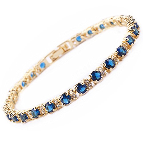 RIZILIA Blue Sapphire Tennis Bracelet for Women - 25 Stone 6.25 CTTW 4mm Round Cut CZ 14K Yellow Gold Plated Eternity Chain September Birthstone Gift 7 Inch