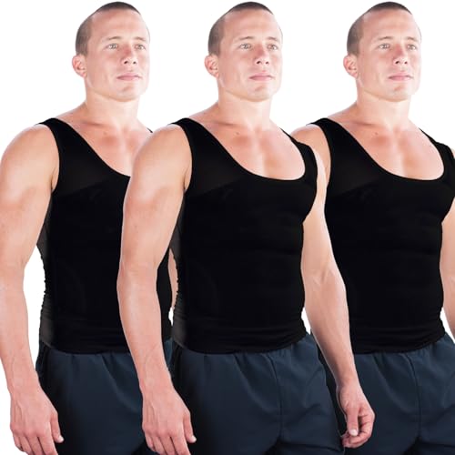 Esteem Apparel 3-Pack Original Mens Compression Shirt to Hide Gynecomastia Abs Chest Stomach Slimming Shapewear (Black X-Large)