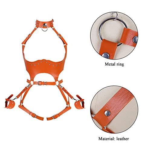Waist Garter Belt Punk Full Body Harness For Women Photography Dance Rock Halloween Leather Cage Chest Strap Set (Orange) #TOP4