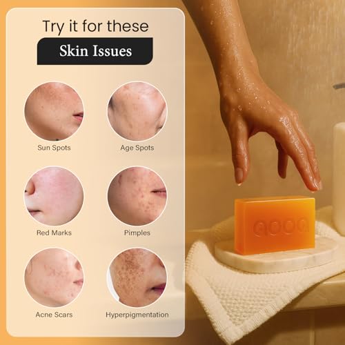 QOOQ Turmeric Kojic Acid Soap for Dark Spots Remover – Facial Cleansing Bar with Vitamin C, Retinol, Collagen, Vitamin E, Glycerin, Shea Butter & Castile Olive Oil – Soap for Women & Men (120g x 2)