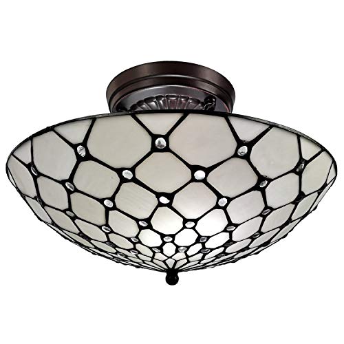 Creative Product Amora Lighting Tiffany Style Ceiling Fixture Lamp Jeweled 16 Wide Stained Glass White Cream Antique Vintage Light Decor Living Room Bedroom Hallway Kitchen Gift AM030CL17B