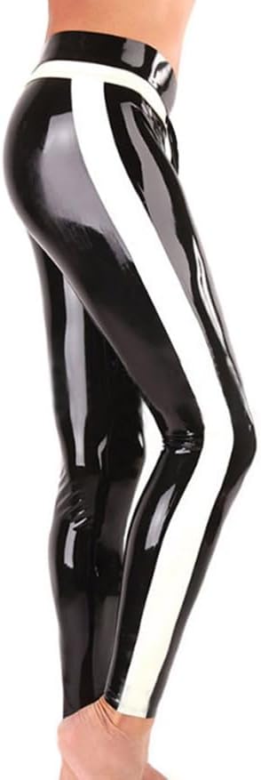 Men's Black Latex Leggings with White Side Stripes,Handmade Latex Pants,Suitable for Cosplay Novelty Latex Club Costumes