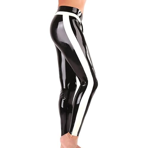 Men's Black Latex Leggings with White Side Stripes,Handmade Latex Pants,Suitable for Cosplay Novelty Latex Club Costumes - Medium