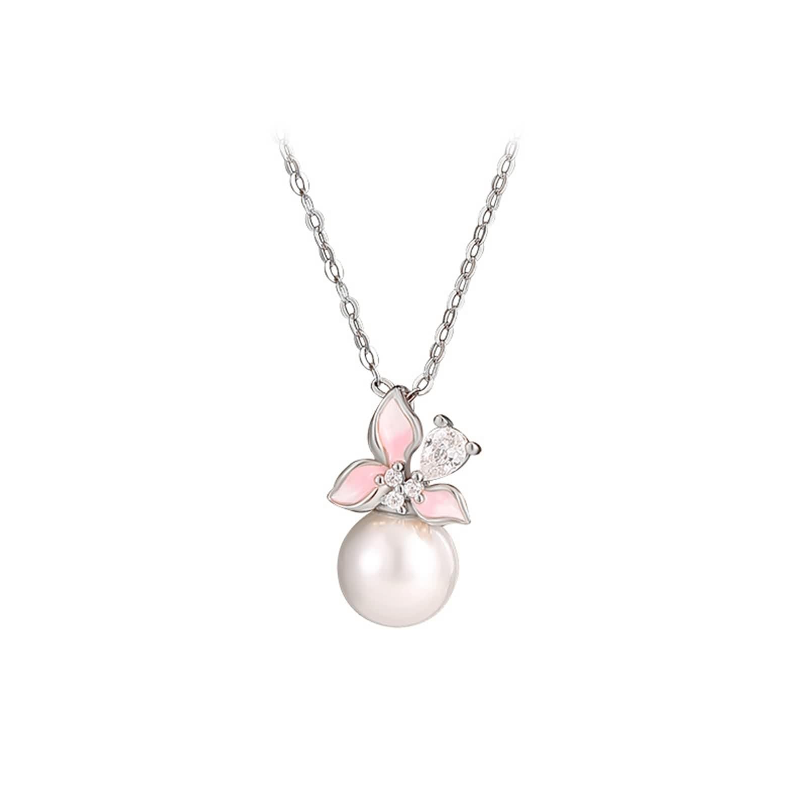 Collana Perla Donna, Collane Lunghe Eleganti Ciondolo Catenina Gioielli Oro Bianco 9K/14K/18K con Moissanite Perle di Fiori 40+5cm