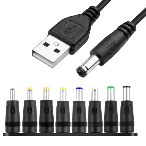 USB to DC 5V Cable 1M Universal USB to DC Power Chager Cord 5.5 X 2.1mm Plug Adapter with 8 Interchageable DC Connectors 5V Fast Charging Cable DC Adapter Compatible for Laptops Router Keyboard Toys