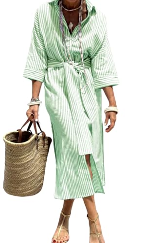 Image of chouyatou Women's Summer 3 /4 Sleeve Striped Shirt Dress Belted Maxi Long Casual Button Down Beach Dress
