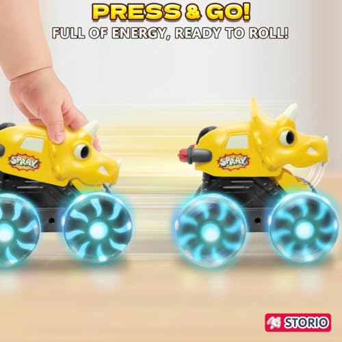 Image of Storio 3 Pack Dinosaur Car Toys, Press & Go Dino Monster Truck Set with Light Up LED Wheels, Friction Powered, for Kids 2-8 Years, Birthday Gift