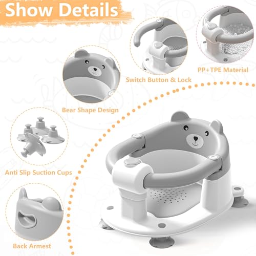 Image of Baby Bath Seat for Babies 6 Months & Up, Toddler Bath Seats for Babies Sitting Up, Non-Slip Infant Bath Tub Chair with 4 Suction Cups & Soft Cushion for Shower, Compact Toddler Bathtub Seat, Gray