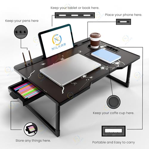 Image of Laptop Table Smart Multipurpose Foldable Laptop Table with Cup Holder, Study Table, Bed Table, Breakfast Table, Foldable and Portable /Ergonomic & Rounded Edges /Non-Slip Legs (COTTED Flower)