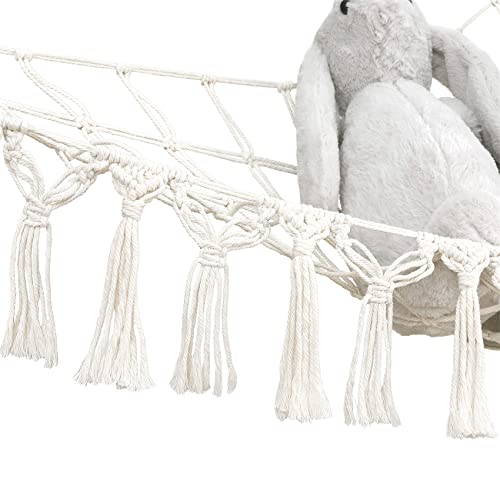Mkono Stuffed Animal Hammock Boho Toy Storage Organizer Hanging Stuff Animals Net Holder With Decorative Tassels And Lights Large Corner Plush Toys Display Hammock For Nursery Kid Room Playroom, Ivory #TOP3