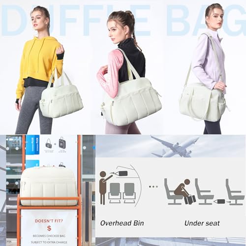 Puffer Gym Bag for Women, Travel Duffle Bag for Airplanes with Wet Pocket, Small Weekender Bags for Women, Carry on Workout Overnight Duffel Bag for Hospital, Sport, Yoga, White4