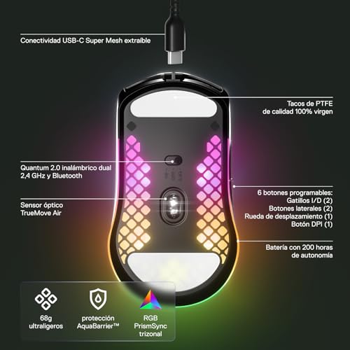Miniatura 4 de SteelSeries Aerox 3 Wireless Onyx - Raton Inalambrico Gaming - Diseño ultraligero resistente al agua - RGB - Sensor óptico TrueMove Air 18K DPI