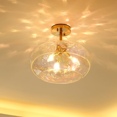 Wrlmfy MODERN SEMI FLUSH MOUNT CEILING FIXTURE Brass Gold Semi Flush Mount Ceiling Fixture Large Hammered Glass Shade Modern Close To Ceiling Light 14 Inch Art Lampshade thumb #6