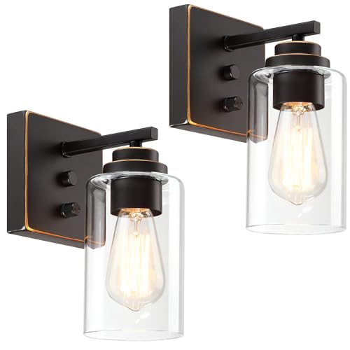 Image of Pia Ricco Wall Sconces Set of 2, Bedside Wall Lamps with Switch for Bedroom, Modern Bathroom Light Fixtures with Clear Glass Shade, Oil Rubbed Bronze Sconces Wall Lights for Living Room, Hallway