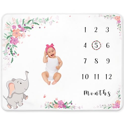 Image of Baby Girl Milestone Blanket – Floral Elephant Design – Soft Fleece Monthly Growth Blanket with Accessories for Photos and Nursery Décor 50x40 Inches