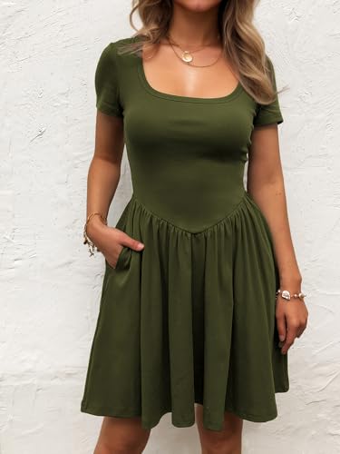 Image of Mieazom Women's Summer Casual Short Sleeve Mini Dress Square Neck A Line Pleated Swing Dresses Basic Short Dress with Pockets