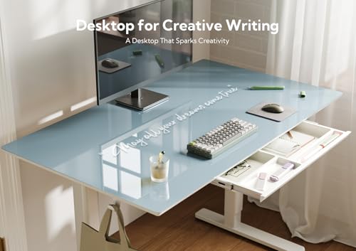 Image of INNOVAR Glass Standing Desk with Drawers 48x24 Inch Morandi Blue
