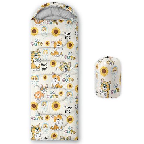 XYNHML Kawaii Dog Pattern Camping Sleeping Bags Warm & Cool Weather Waterproof Backpacking Yellow Sunflower Sleeping Bag All Seasons Camping, for Adult Kids Boy Girls Camping Gear Equipment, Traveling
