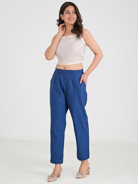 Image of Women's Solid Straight Fit Cotton Trousers | Slim Fit | Trousers for Women | Casual & Office Wear Bottom for Daily