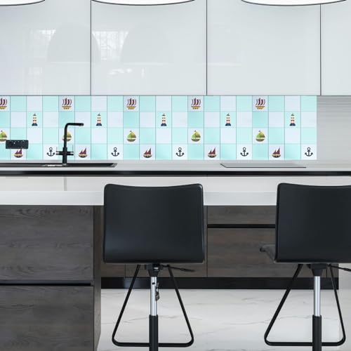 Image of SARVATRAY Self-Adhesive Wallpaper, Oil Proof Heat Resistant Kitchen Stickers, Vinyl Sheet for Wall 2 X 6.5 SQ FT (2 M Ship Theme Blue WS)