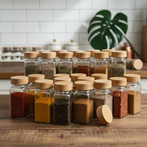 Image of WHISKET 100 ML | Glass Spice Jars with Bamboo Lid, Seasoning Containers Set, Spice Containers with Shaker Lids (12)