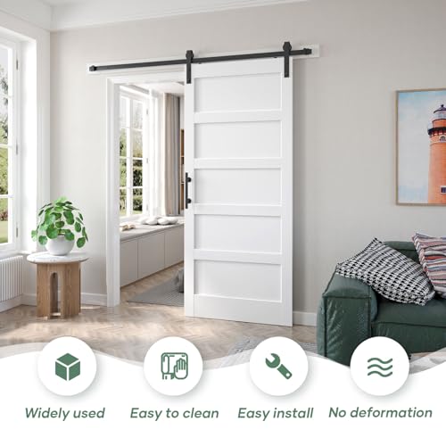 Image of 36inx80in White Barn Door and 6.6FT Sliding Barn Door Hardware Kit Included,Solid,MDF, PVC Surface,DIY Assembly,5-Panel,Fit 33in-34in Opening