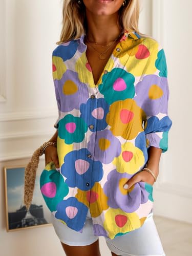 Women's Spring Summer Colorful Floral Printed Linen Blouse Shirt with Pocket Casual Button Long Sleeve Oversized Tops2