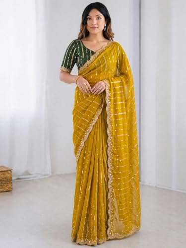 Image of SIRIL Women's Shimmer Georgette Scalloped Border Sequins Embroidery Saree with Unstitched Blouse Piece