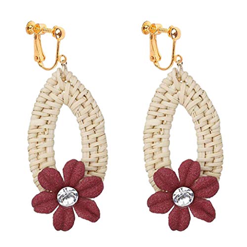 Statement Raffia Clip on Earrings for Women Girls Boho Weave Straw Wicker Rattan Flower Teardrop