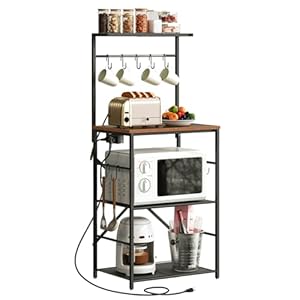 HOOBRO Kitchen Bakers Rack with Power Outlet, 4 Tiers Microwave Oven Stand with Storage, Coffee Bar Table with 9 S-Shaped Hooks, Kitchen Storage Shelf Rack, Rustic Brown and Black BF58UHB01