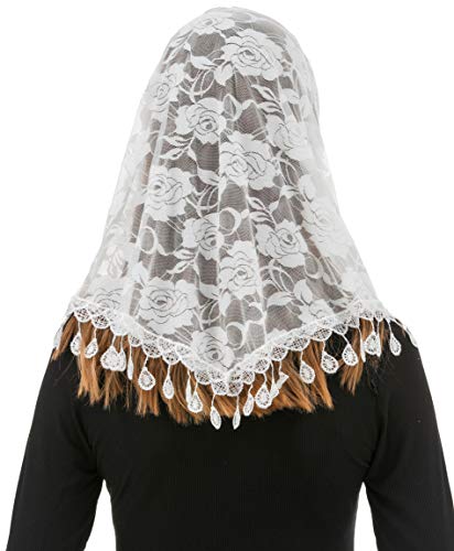 PAMOR Mass Veil Triangle Mantilla Cathedral Head Covering Chapel Veil Lace Shawl Latin Scarf (White) - Thumbnail 4