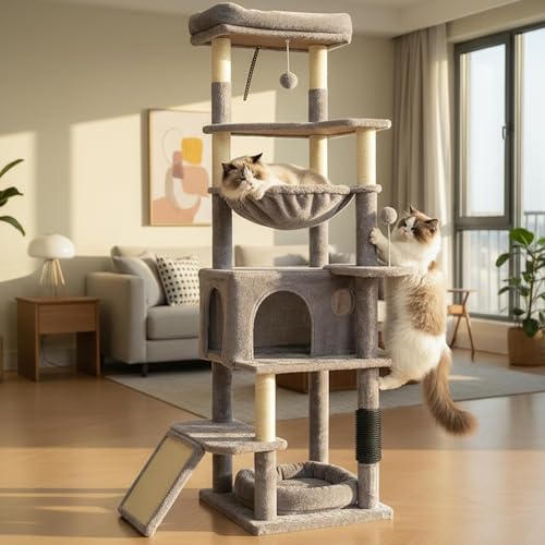Image of Multi-Level Large Cat Tree, 66 Inches Tall Cat Tower with Scratching Posts, Condo, Hammock, Dangling Ball,and Extended Platform for Cats to Play and Sleep,Gray Cat Bed