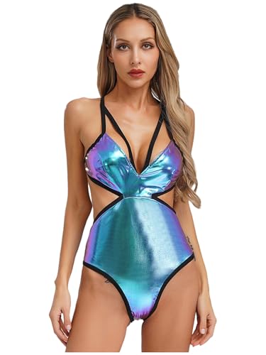 Riismen Traje De Baño para Mujer Body Metálico con Bikini De Mariposa Cruzado Tirantes Al Cuello Moda De Baño Cuero PU Traje De Natación Azul M
