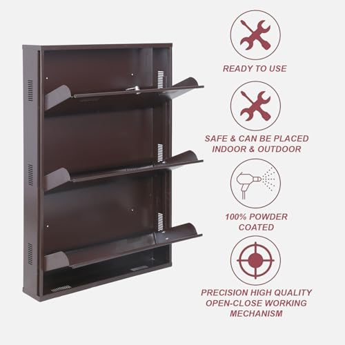 Image of Metal Shoe Rack Wall Mounted for Home with Central Locking | 3 Door 28 inch Wall Mounted Metal 9 Pair Shoe Rack Cabinet | Pre-Assembled Rack Shelves | 3 Year Warranty (Brown)