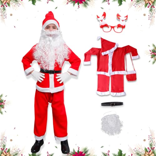 Image of ITSMITSMYCOSTUME Santa Claus Dress for Christmas Costume Complete Set for Kids /Girls /Boys (Jacket,Pant,Hat,Pouch,Specs,Socks,Belt)-Red & White Fancy Dress (No Gloves)