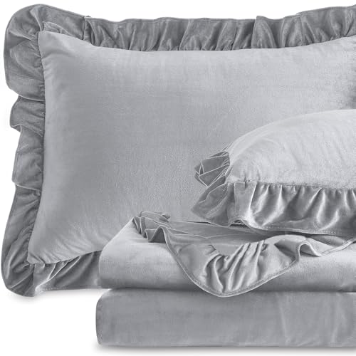 Image of Velvet Plush Flannel Sheet Set - Full Size 4-Piece - Ruffled Edge Design, 16 Inch Deep Pocket, Anti-Pilling & Fade Resistant - 220 GSM Breathable Luxury All-Season Bedding, Gray