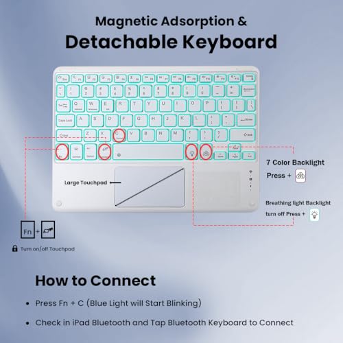 Image of Keyboard Case for Lenovo Tab M10 Plus 3rd Gen 10.61 inch (TB125FU, TB128FU, TB128XU) Folio Cover Trackpad, 7 Color Backlit, Magnetically Detachable Keyboard, Pencil Holder, Auto Sleep Mode