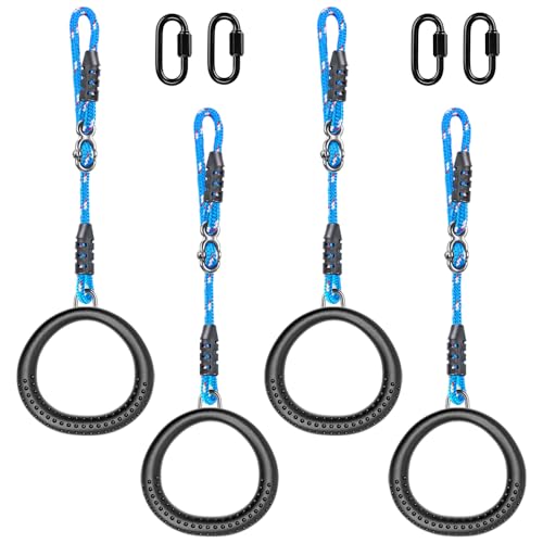 SELEWARE Trapeze Swing Rings, Non-Slip Gymnastic Rings Pull Up Exercise Rings with 3.5ft Adjustable Ropes for Home Gym Playground Ninja Warrior Obstacle Course Training Workout (Black, 4 Pack)