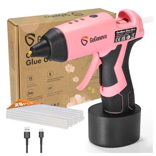 GoGonova Cordless Glue Gun, 15s Fast Preheating 2Ah Cordless Hot Glue Gun with 25 Pcs Premium Mini Glue Gun Sticks, USB-C Battery Rechargeable Hot Glue Gun, Smart Power-Off, Pink
