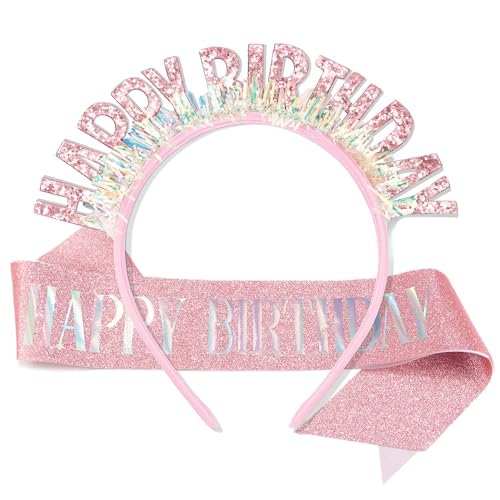 Aprince Birthday Headband Birthday Crown Birthday Sash For Women Birthday Tiara Pink Happy Birthday Headband Party Decorations Birthday Crown For Girls cover