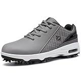 FENLERN Golf Shoes for Men Waterproof Wide Spiked Non Slip Lightweight Golf Sneakers with Leather Upper Air Cushion Grey White