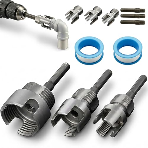 3PCS PVC Pipe Threader Kit Integrated Internal & External Pipe Threading Tool for 1/2 3/4 & 1 PVC/Plastic Pipes PVC Threader for Drill 4 in 1 Water Pipe Thread Cutting Tool with 2 PTFE Tapes