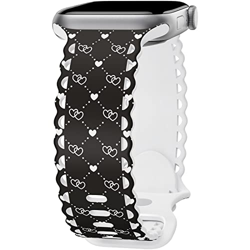 Image of Compatible with Apple Watch Band 41mm 40mm 38mm 49mm 45mm 44mm 42mm Women Girl, Heart-shaped Print Lace Hollow-out Soft Silicone Sport Bands For iWatch Ultra SE Series 10 9 8 7 6 5 4 3 2, Lov-42