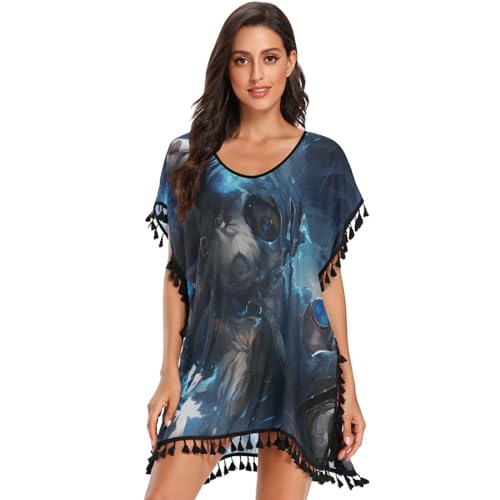 Abstrac Panda Blue Art Women's Beach Cover Up Chiffon Tassel Swimwear Swimsuit Coverups for Girl