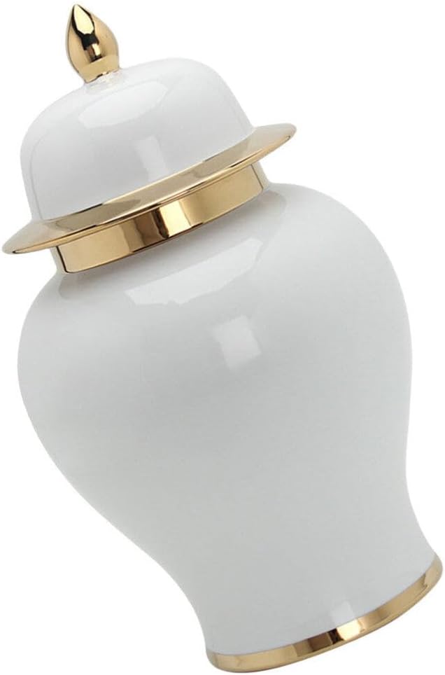 Ceramic Ginger Jar with Gold Trim - Home Decor Tea Storage Canister Decorative Centerpiece Accent Jar Chinese Porcelain Vase for Home Office Table White